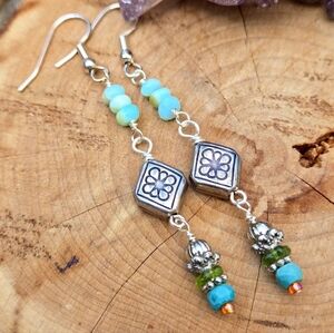 Opal, Turquoise Silver Flower Boho Dangle Earrings Linear Fun Summer